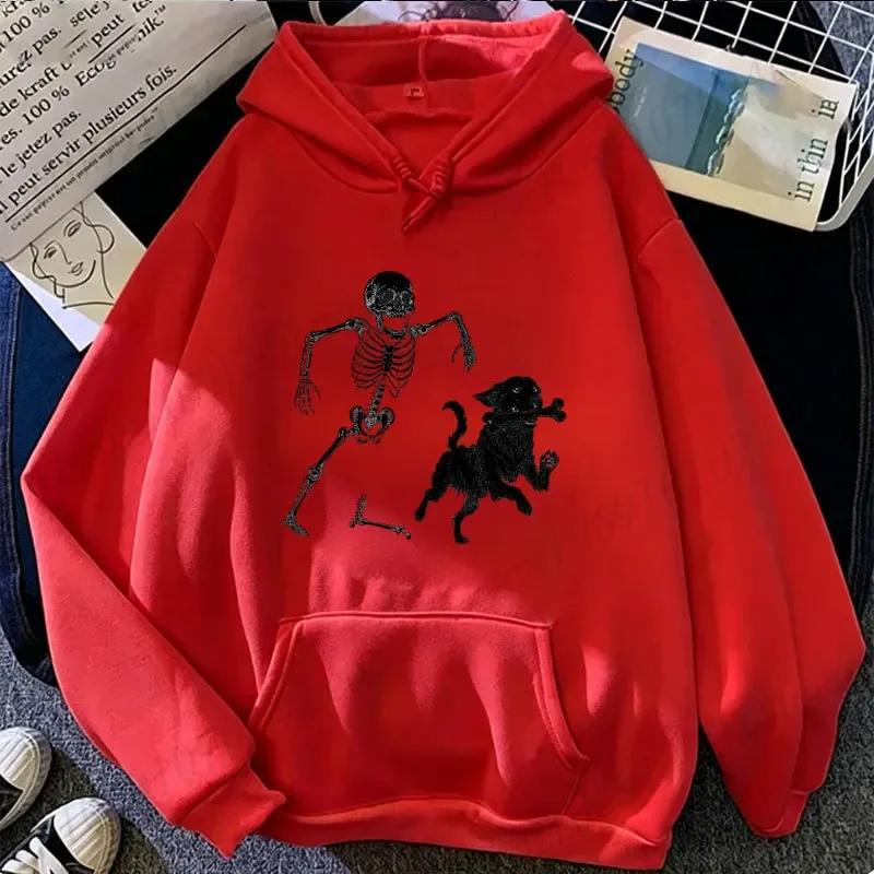 Hoodie Wanita Pria Halloween Antik Kaus Gambar Anjing Kerangka Lucu Atasan Kasual Lengan Pendek Kostum Pesta Halloween Pakaian Jalanan