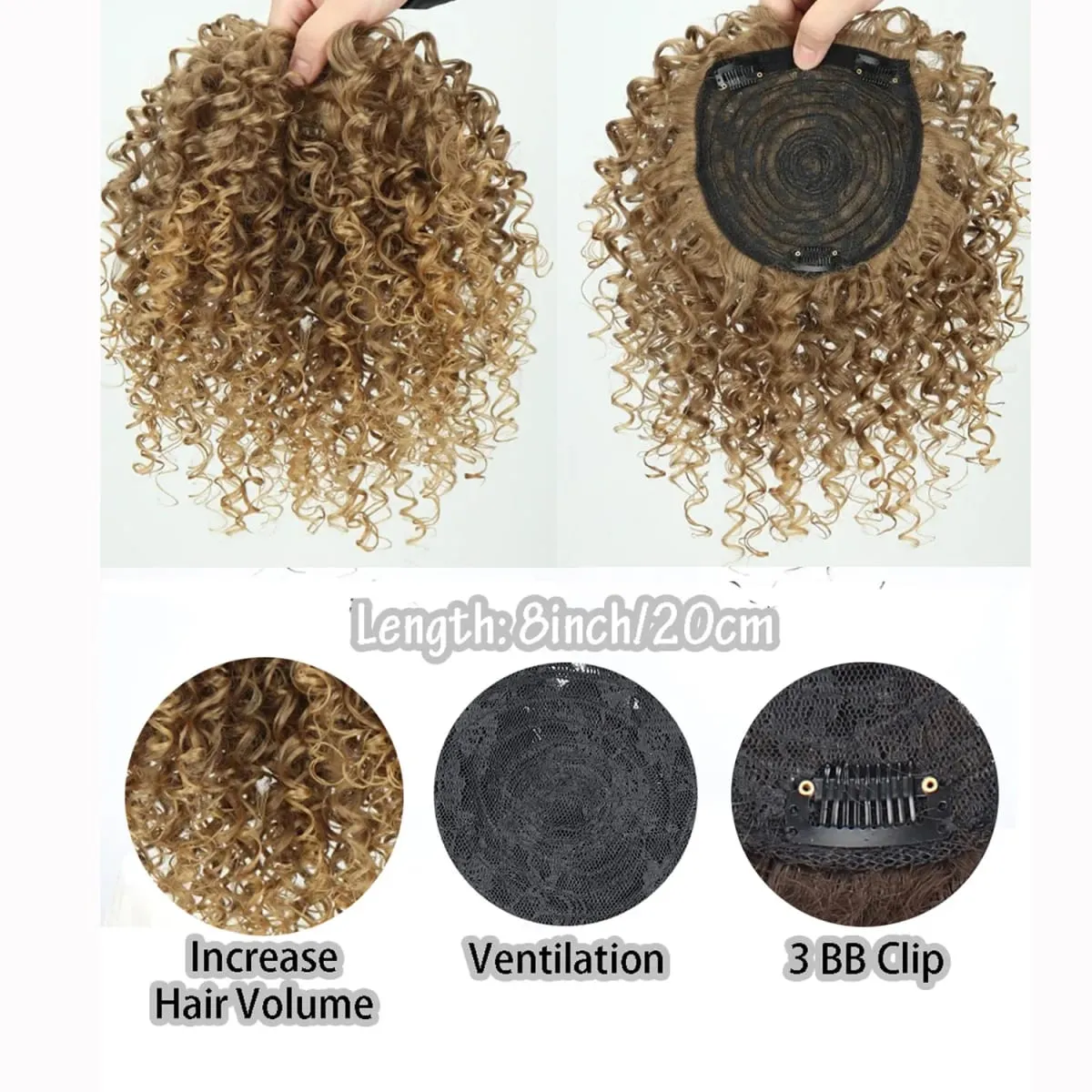 8inch Fluffy Natural Afro Kinky Curly Short Hair Toppers Hairpieces Clip-on Synthetic Hair Pieces for Women with Thinning Hair