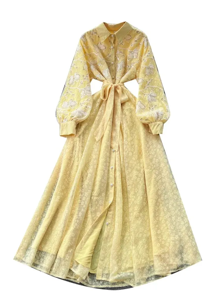 French Vintage Lace Embroidered Lapel Lantern Sleeve Dress Women Korean Slim Fit Waist Mesh Slim Long Dress — image 5