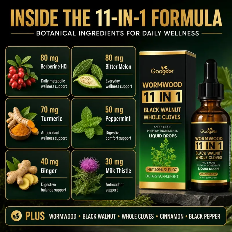 Wormwood 11 in 1 Liquid Drops - Black Walnut & Whole Cloves with Berberine Turmeric for Gut Health & Digestive Support 60ml — image 3