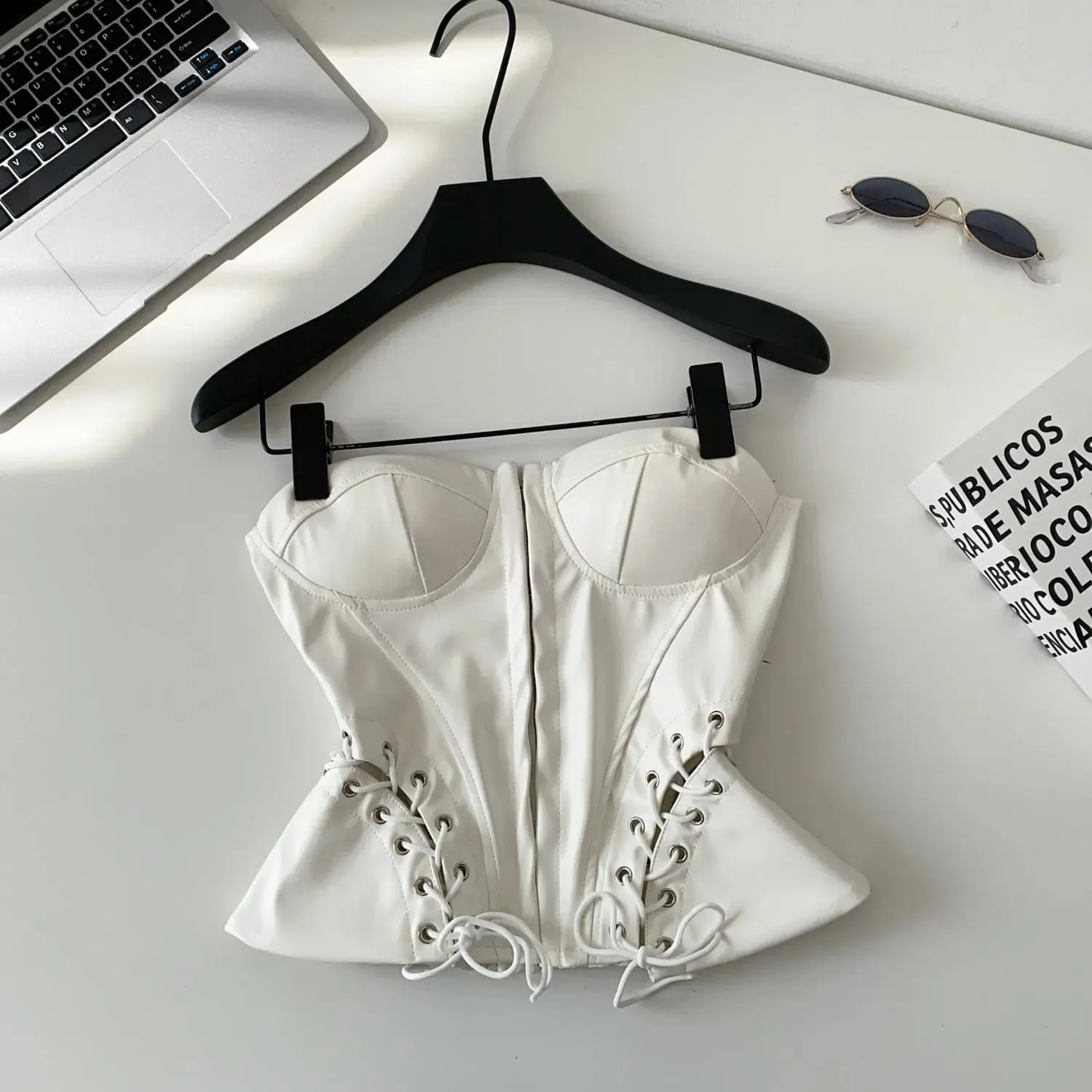 PU Leather Sensual Club Bustier Strapless Slim Lace Up Shirred Backless Camis Female Edgy Streetwear Fashion Tank Tops