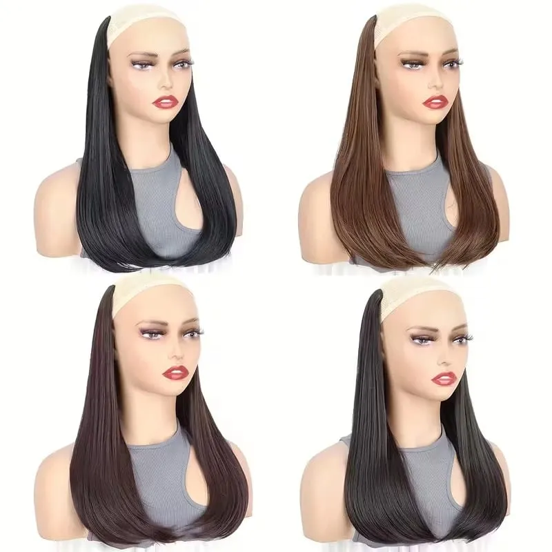 18Inch Synthetic Long Straight Inner Buckle Hair Extension 4 Clips V-shape Natural Brown Black Hairpiece for Women