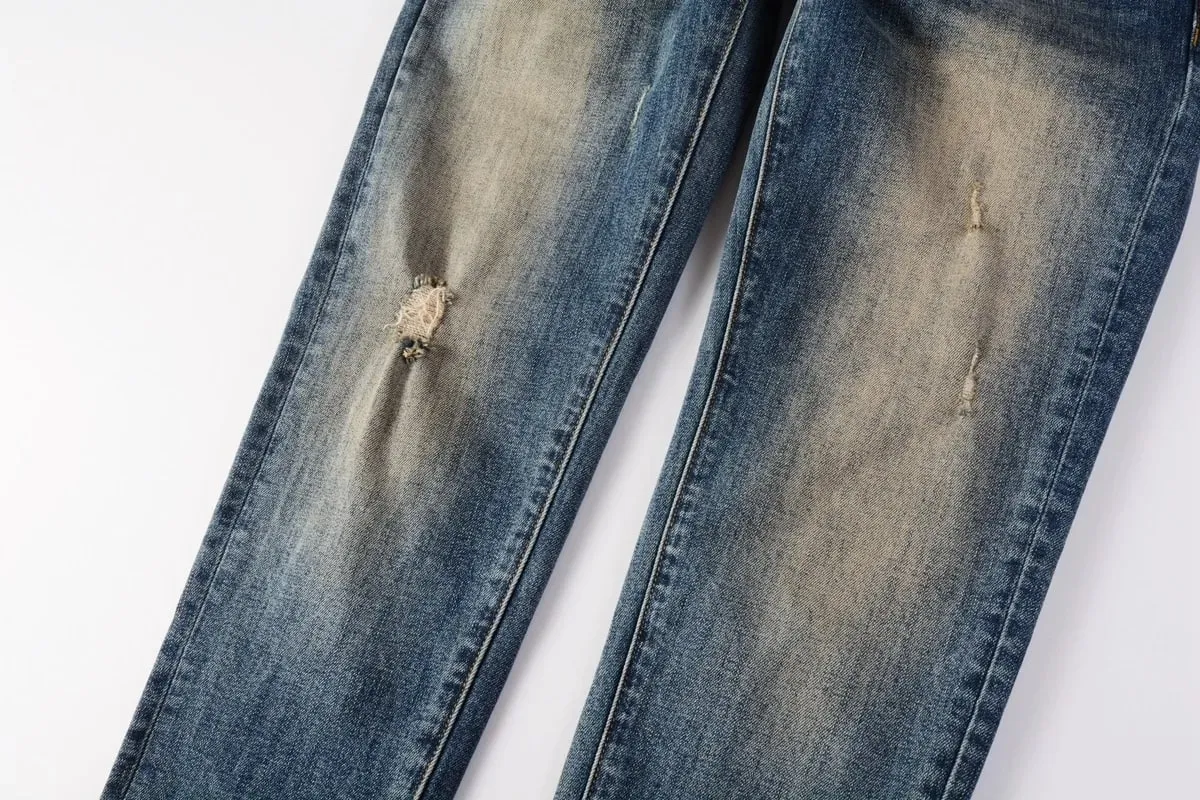 Men Jeans Fashion Americans High street Retro wash multiple styles graffiti print Low Rise Hole Patch Elastic Skinny Jeans pants