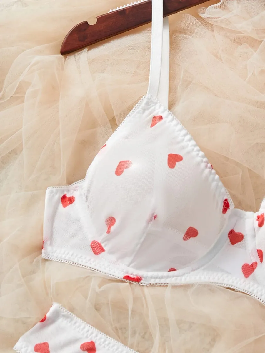 White Red Heart Polka Dots Mesh Sheer Lace Babydoll Sensual Lingerie Bra Set For Women Underwear Intimate Sexy Panty Set 2026