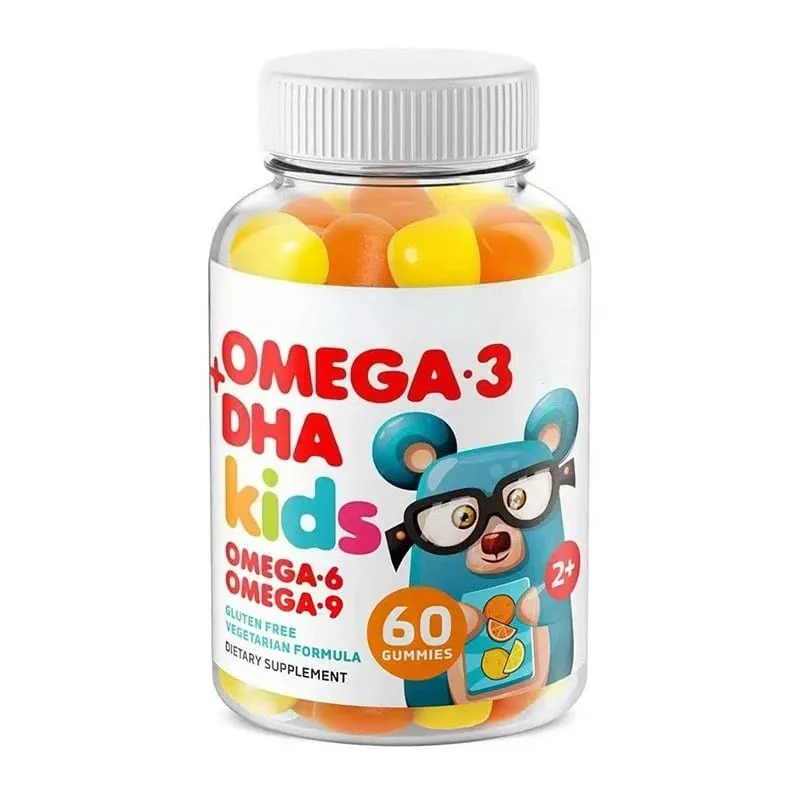 Kids Omega 3 DHA Gummies with Omega 6 & 9 Vitamin C for Brain Eye & Heart Support Vegetarian Gluten Free Ages 2+ 60 Count