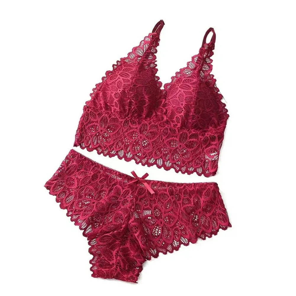 French Style Lace Lingerie Set Wireless Bra Panty Sexy Breathable Thin Cup Underwear Comfortable Gathered Intimate Wear