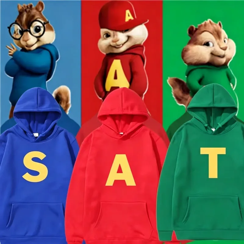 Autumn Winter Cartoon Character Print Men's Hoodies Alvin And The Chipmunks Pullover Fashion Solid English Sweatshirt Streetwear