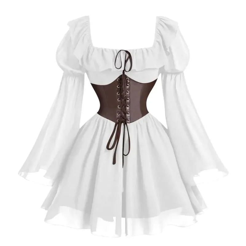 Renaissance Period Medieval New Long Sleeved Women's Bubble Sleeve Dress Halloween Fashion Retro New Party Waist Cinched Skirt