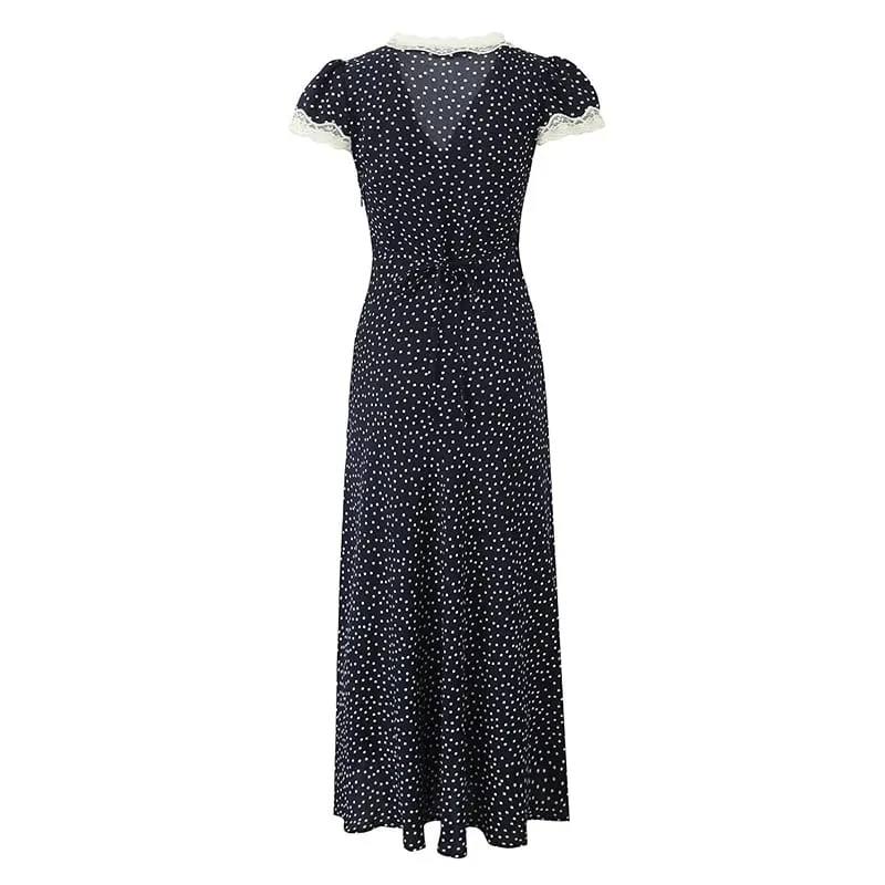 2025 vestido largo de lunares azul marino para mujer, vestido largo con ribete de encaje y cuello en V, manga corta, corte en A, vestidos elegantes para vacaciones, vestido Maxi de verano