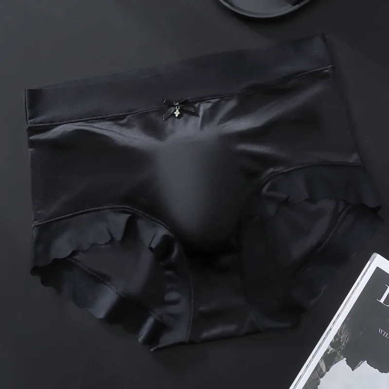 Men's Seamless Ice Silk Briefs 3D Contour Pouch Mid Waist Satin Smooth Scalloped Edge Ultra Thin Male Underwear