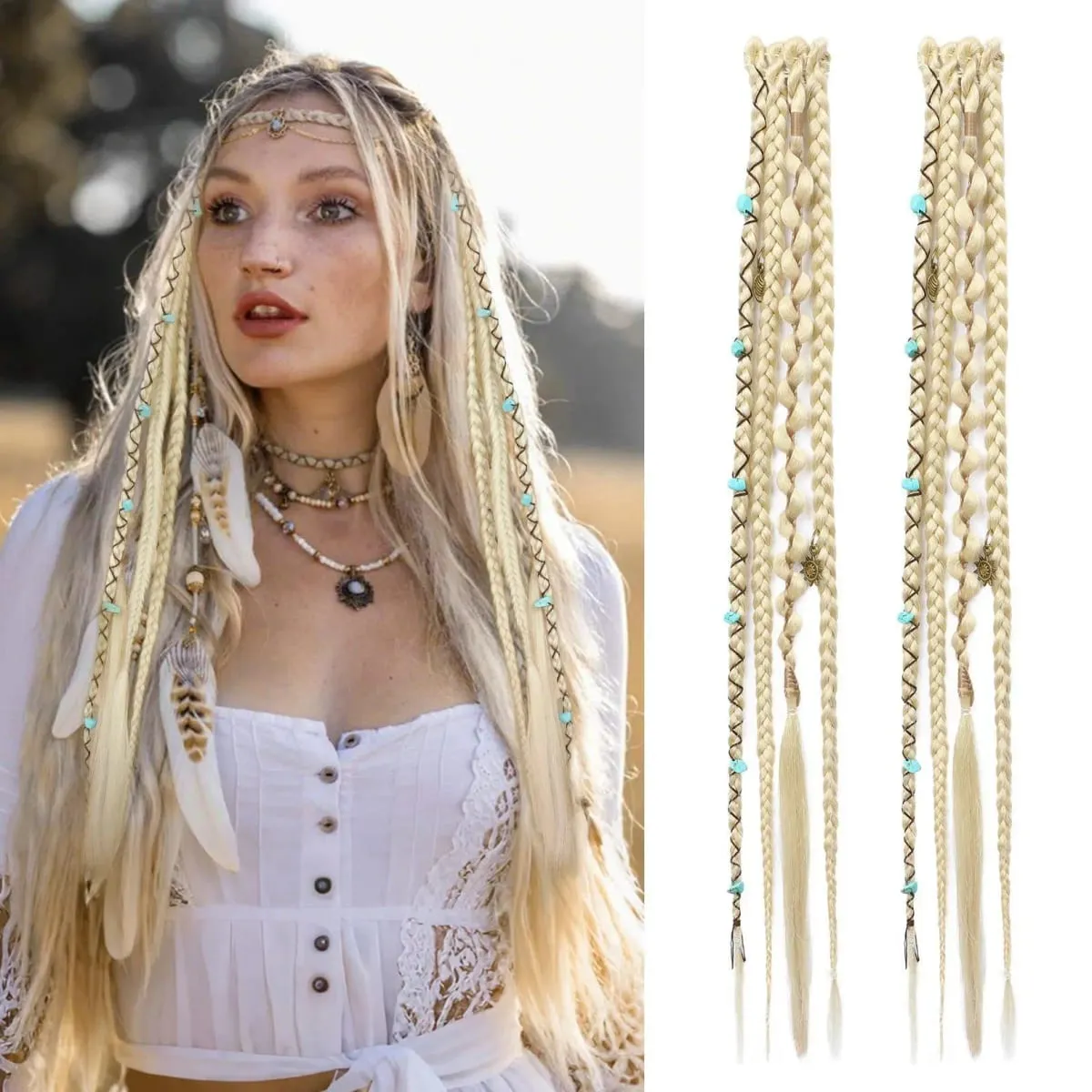 2PCS Synthetic 20Inch Bohemian Braided Ponytail Hair Extensions With Metal Charms Brown Mix Burgundy Handmade Box Braid Ponytail