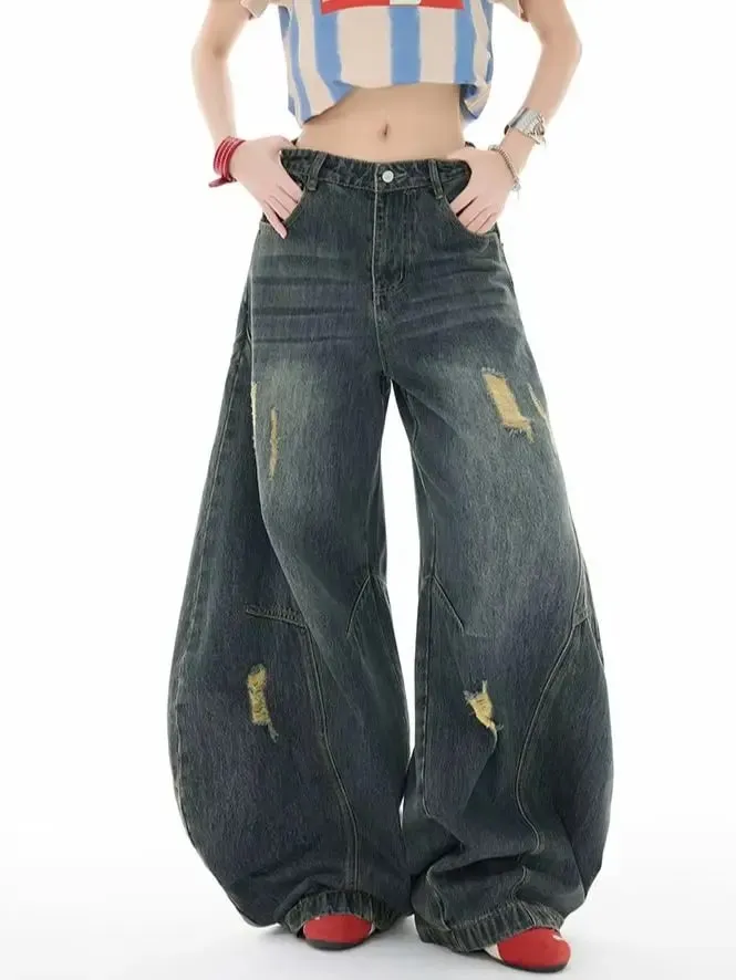 Retro-Style Curved-Leg Jeans Unisex Relaxed Fit Patchwork Soft Durable Women Men Versatile Washed Wide-Leg Pants