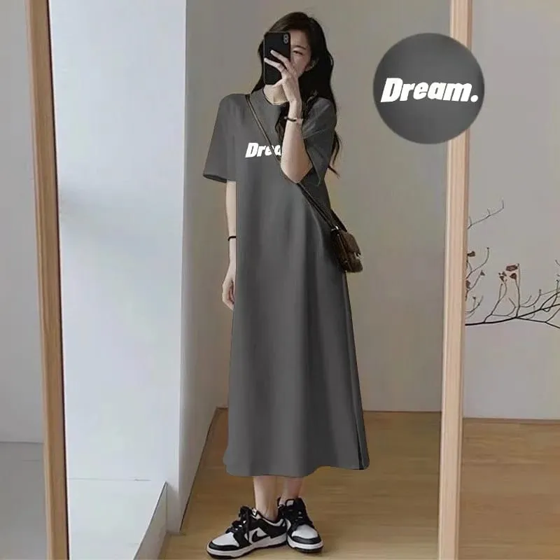 Oversized Dream Letter Print Maxi Tshirt Dress Women Short Sleeve Loose Casual Home Long Dress