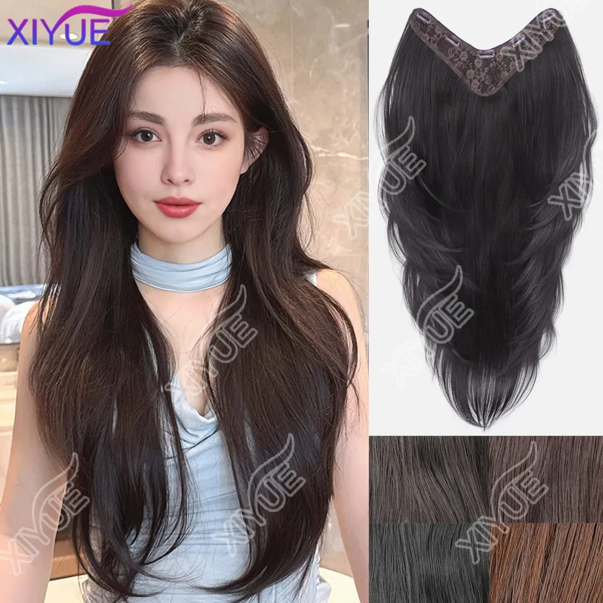 26Inch Synthetic Long Straight Layered V-Shaped Clip-in Hair Extension 5 Clip Heat Resistant Hairpiece for Women