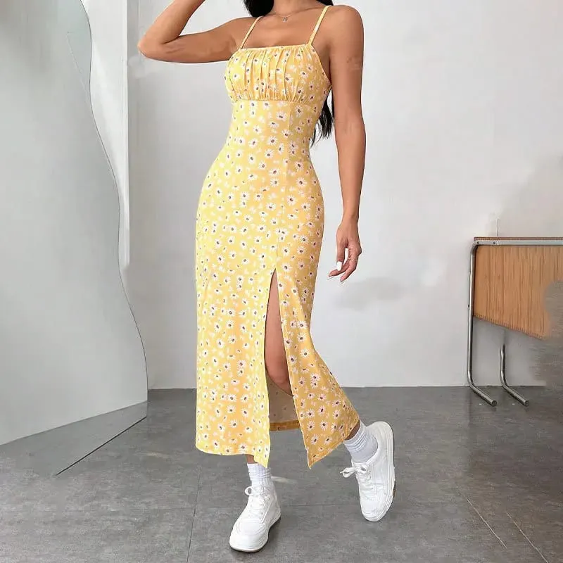 Women's Casual Dresses Daisy Floral Print Spaghetti Strap Midi Dress Square Neck Bodycon Split Summer Dress Beach Party Sundress