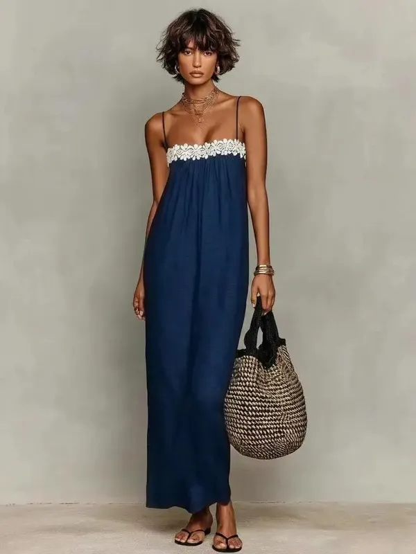 Women's Summer Boho Maxi Dress Spaghetti Strap Lace Patchwork Loose Beach Sundress Casual Vacation Long Dresses