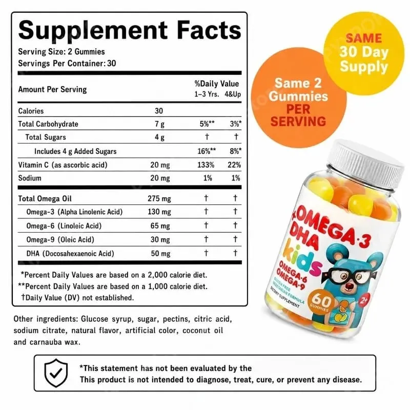 Kids Omega 3 DHA Gummies with Omega 6 & 9 Vitamin C for Brain Eye & Heart Support Vegetarian Gluten Free Ages 2+ 60 Count