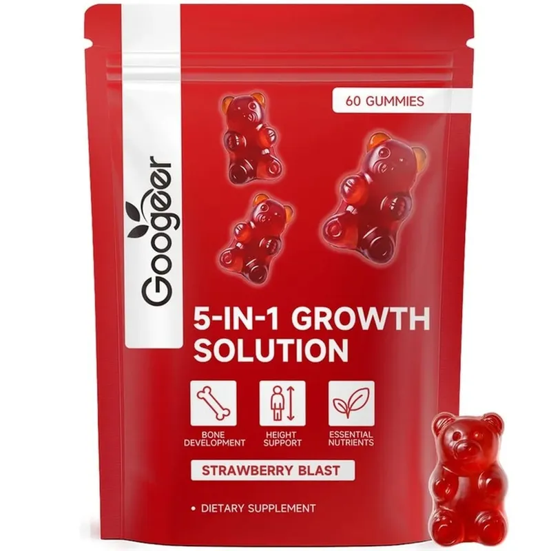 Googeer 5-IN-1 Growth Solution Gummies สำหรับการพัฒนากระดูกและส่วนสูงวิตามิน D3 K2 แคลเซียม Strawberry Blast 60 Gummies