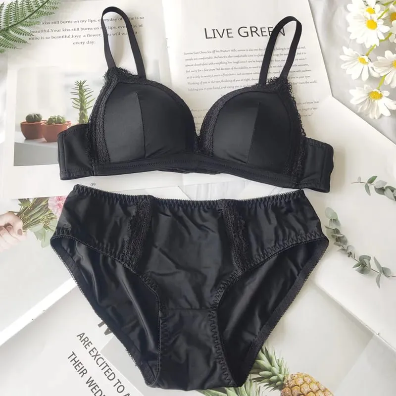 Solid Color Glossy Lingerie Set Triangle Cup Bra & Panty Set Comfortable Non-Steel Ring Push Up Underwear