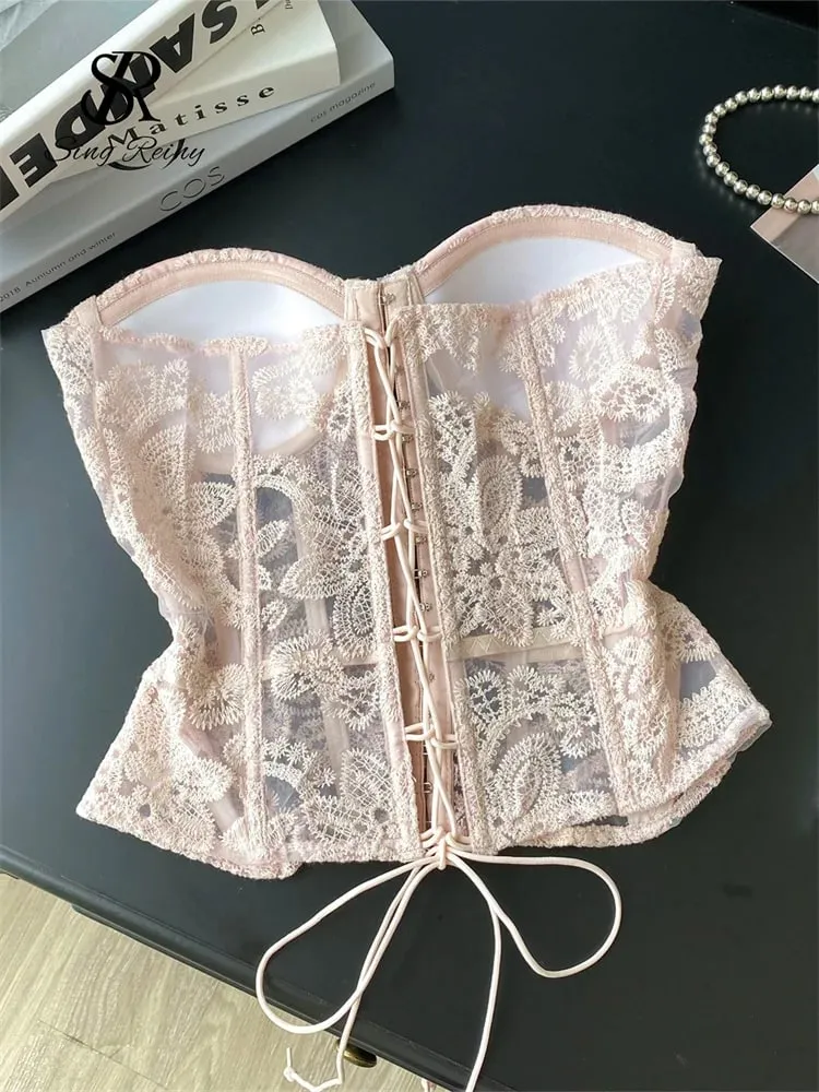 Floral Embroidery Sexy Club Top Female Strapless Slim Corset Backless Tank Top French Lace Up Basics Sheer Camisole