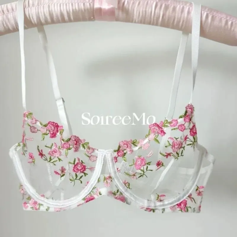 French Sheer Floral Lingerie Set Ultra Thin Sexy See Through Bralette with Soft Underwire & Women Large Bust Support S-XL MOYISU