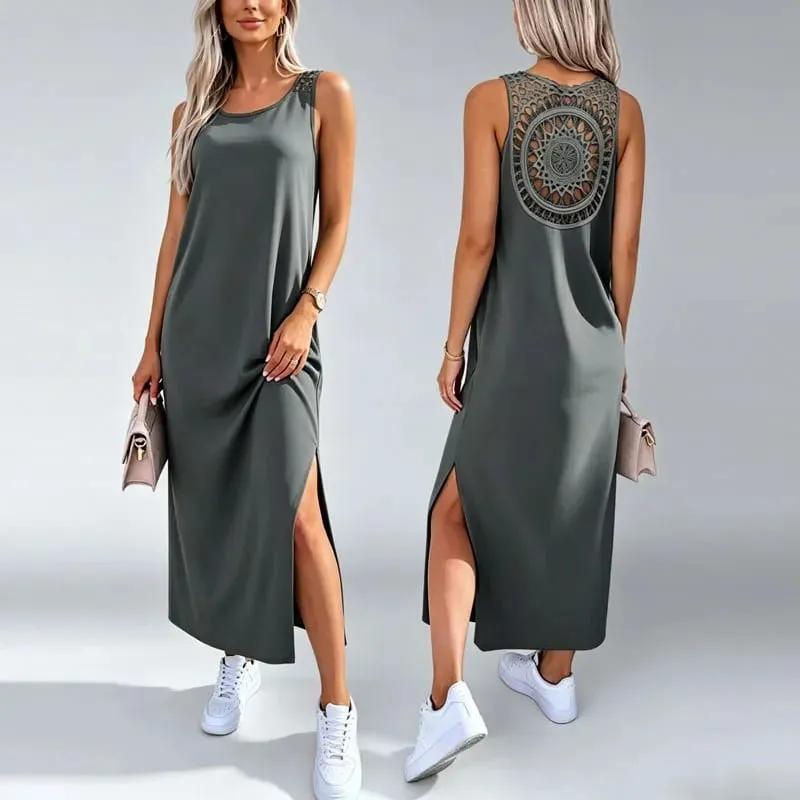 New Summer Casual Hollow Sexy Loose Dress Women Fashion Slit Sleeveless Party Dresses Women Round Neck Mid Length Ladies Dress