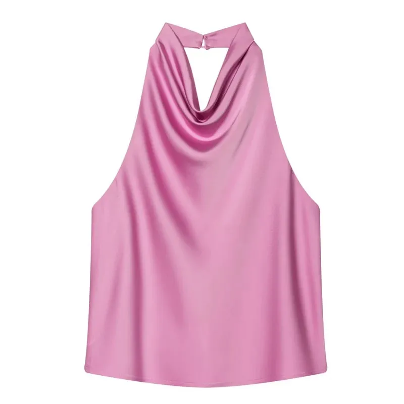 Women's Tanks Halter Top Women Sleeveless Green Crop Tops Summer Satin Party Evening Top Backless Sexy White Black Top