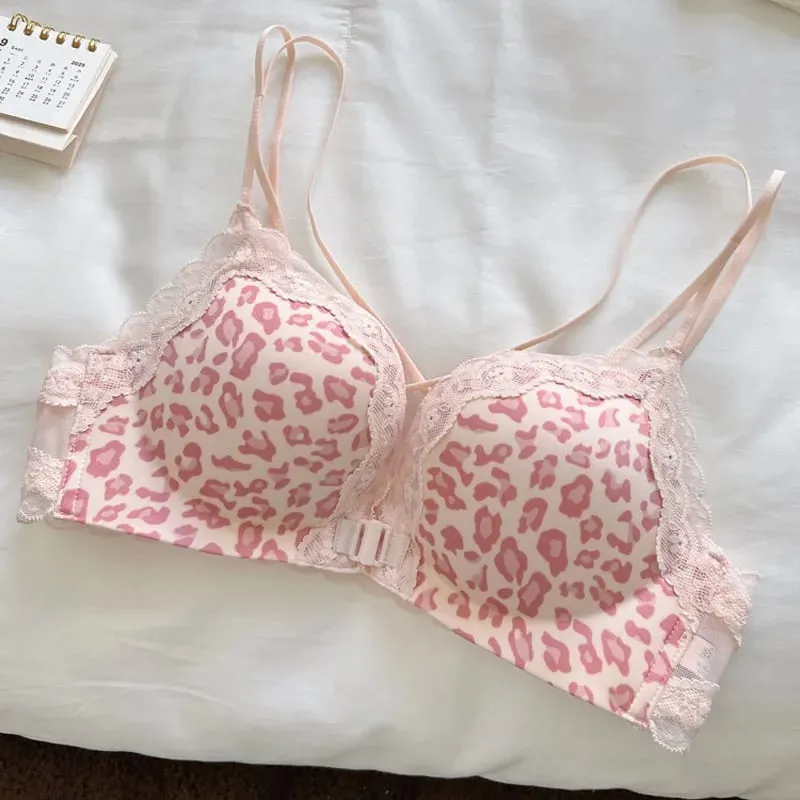 Women Bestselling Leopard Print Lingerie Set Front Closure Sexy Push Up Bra Lift Up Support Soft Daily Intimates Set