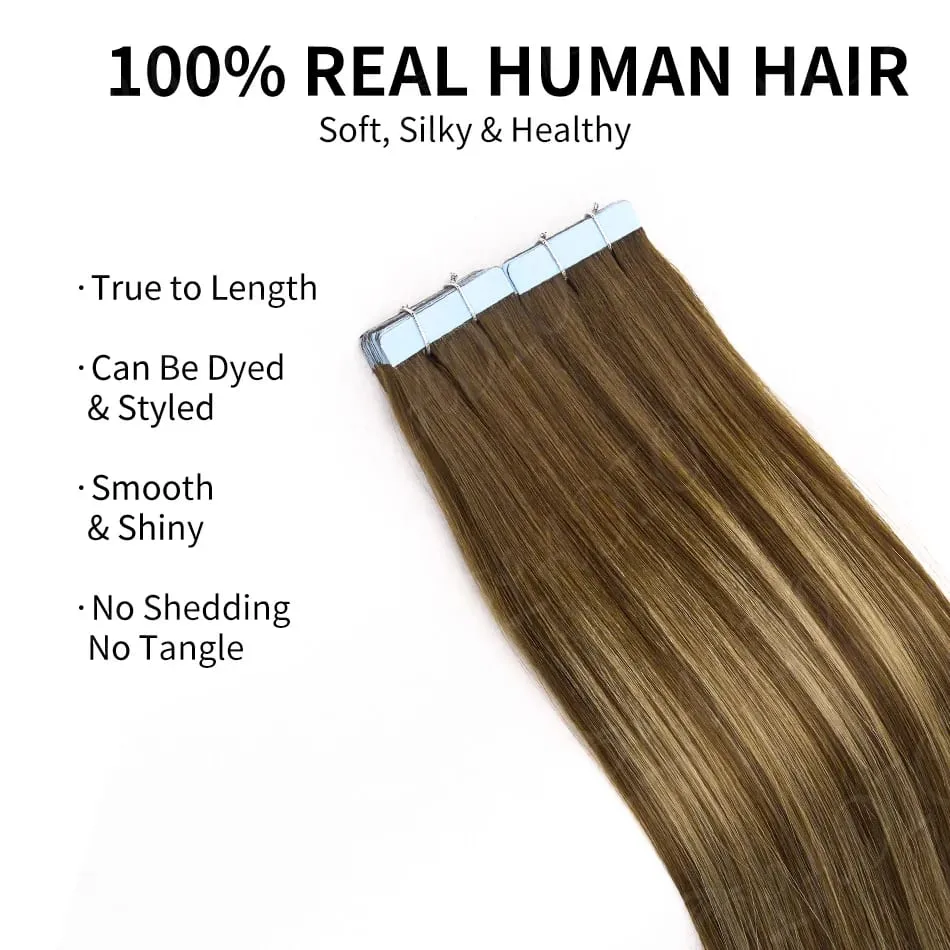 100% Human Hair Tape in Extensions 20Pcs 50g Remy Skin Weft Seamless Invisible Silky Straight Thick Ends for Wedding Women