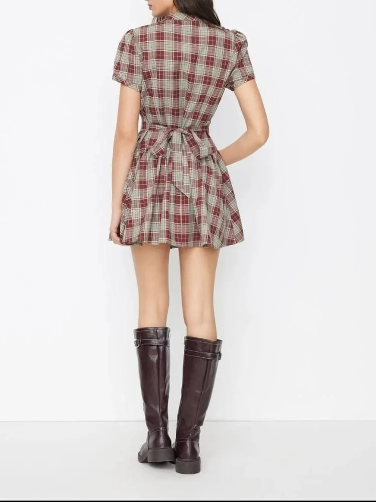Women's Vintage Plaid A-Line Dress Short Sleeve Stand Collar Button down Pleated Mini Dress Casual Elegant Fashion