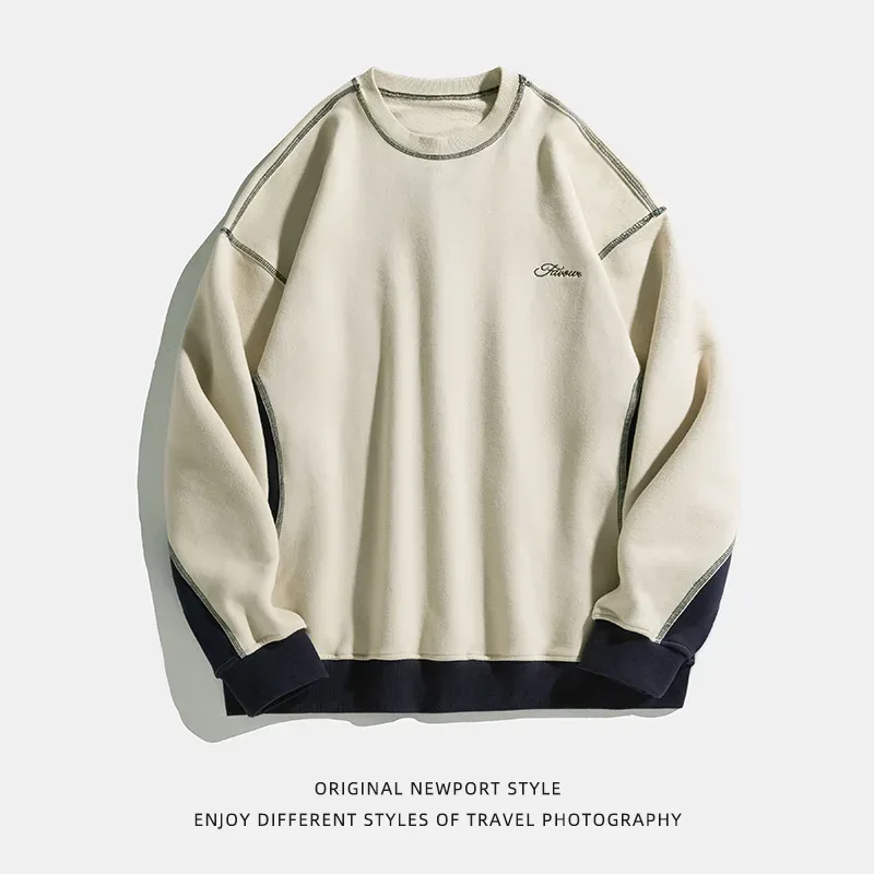 2025 Spring New Fashion Men's Color-coded Casual Trendy Long Sleeve O-neck Heavy Duty Pullover Male Vintage Hoodies Tops Clothes
