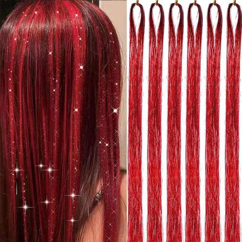 6Pcs Hair Tinsel Kit 24inch 1200 Strands Glitter Tinsel Hair Extensions Shiny Colorful Tinsel Hair Party Highlights for Women