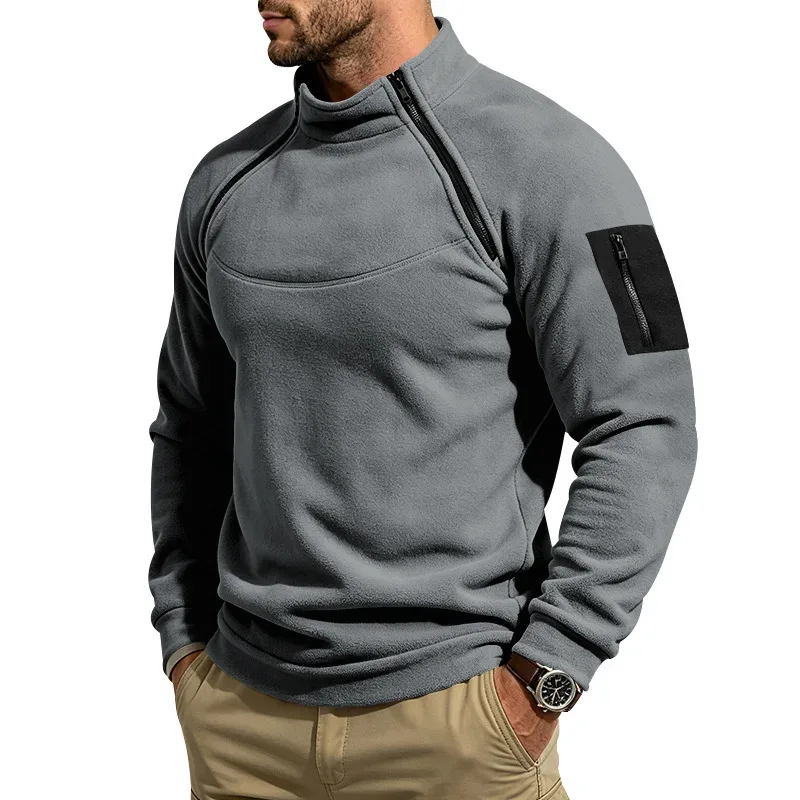 Men Fleece Stand Collar Sweatshirt Diagonal Zipper Arm Pocket Long Sleeve Loose Casual Pullover Autumn Winter Outdoor Tops