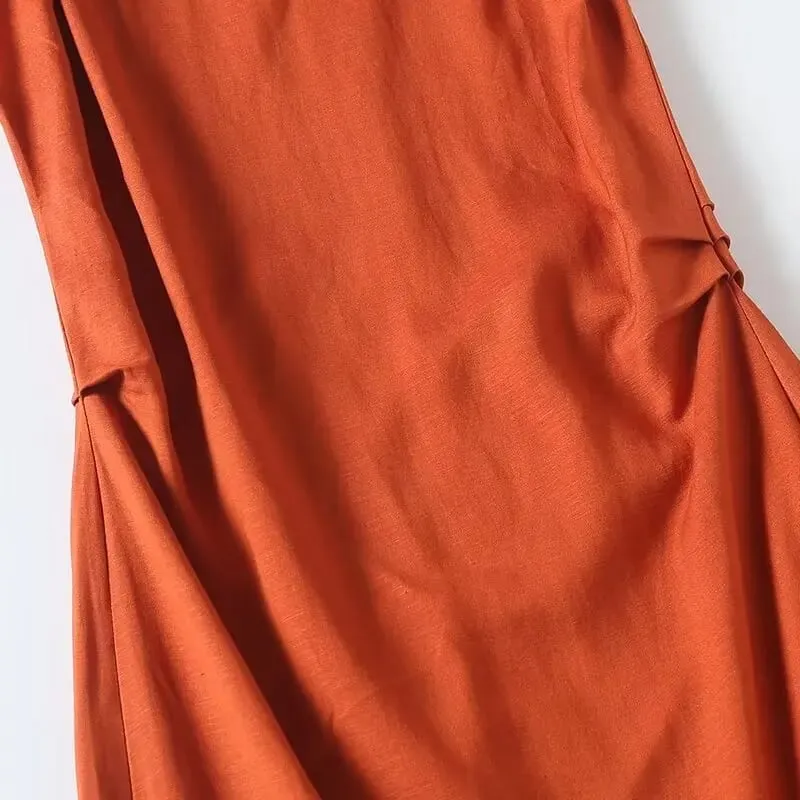 Maxdutti Nordic Minimalism Fesyen Elegan Midi Pakaian Wanita Kapas Linen Kolar Bulat Pakaian Musim Panas Kasual