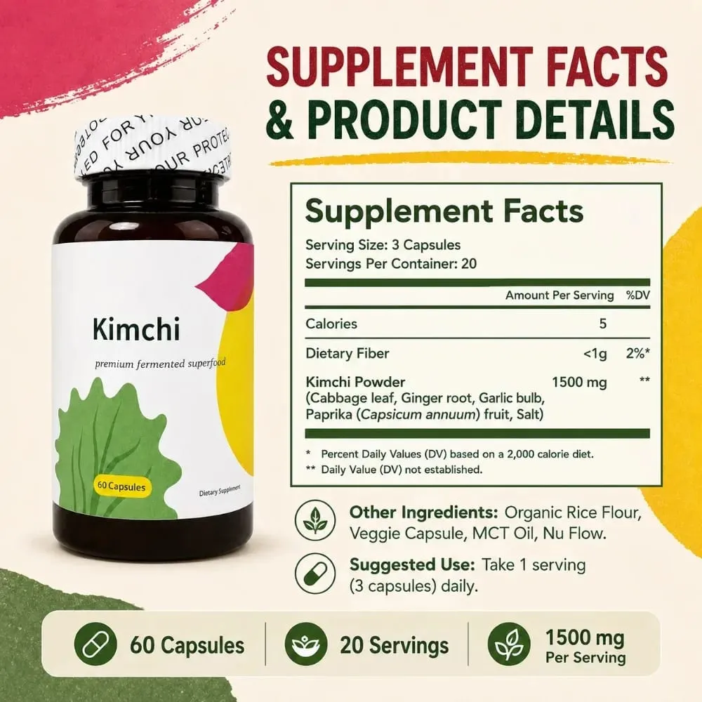 Kimchi Capsules 1500mg Fermented Superfood 60 Caps Gut Health Digestive Support Vegan Non-GMO Cabbage Ginger Dietary Supplement