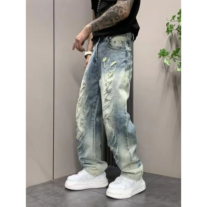 Men's Jeans Man Pants Classic Straight Fit Faded Ripped Jeans Denim Trouser Casual Loose Slim Stylish Street Retro Blue