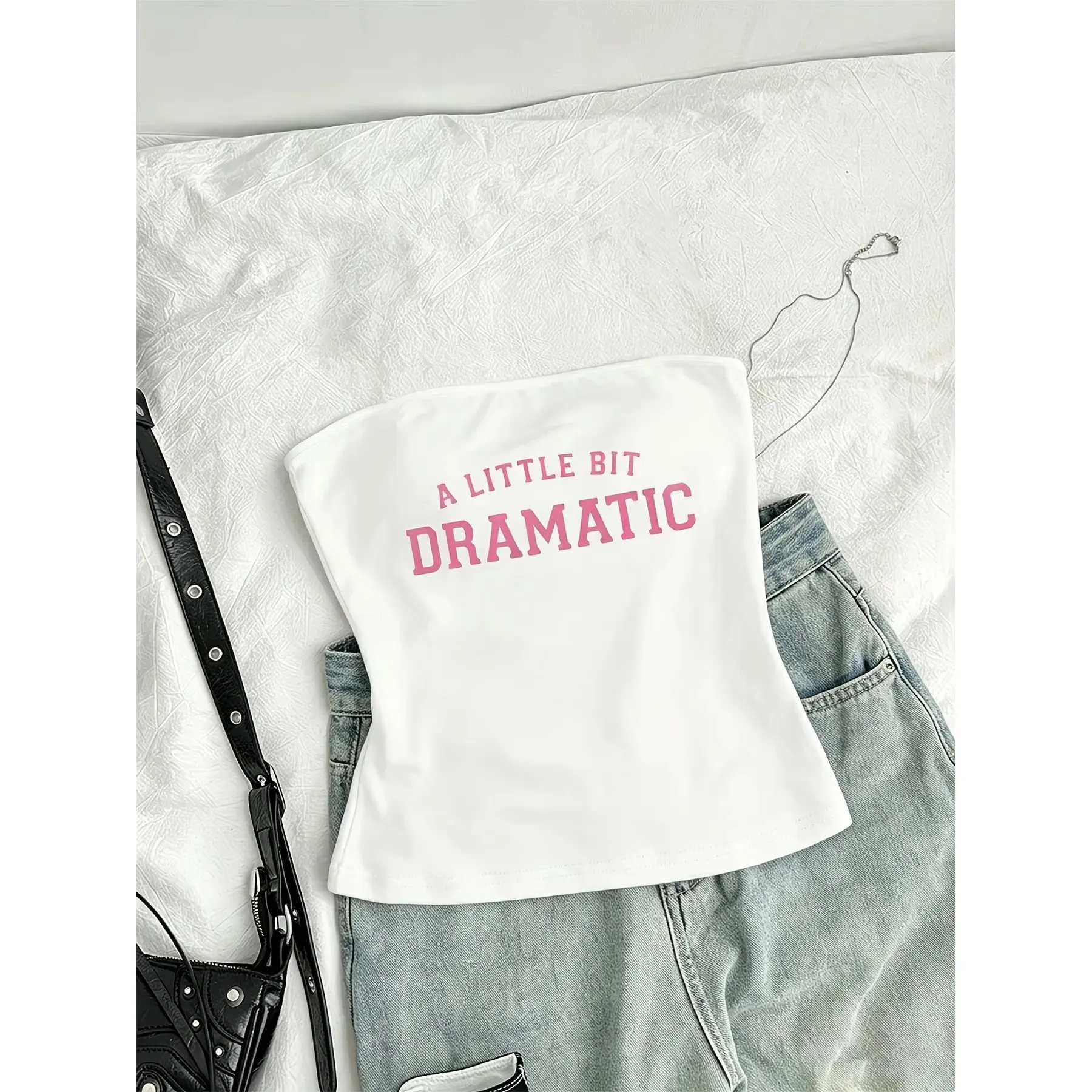 American Sweet Cool Style A LITTLE BIT DRAMATIC Letter Printed Tube Top Casual Y2K Women's 90s Clothes Shirt