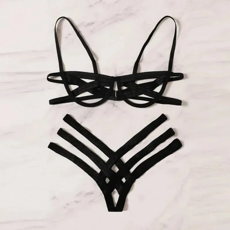 Ensemble de Lingerie harnais de Bondage pour femmes, soutien-gorge élastique ajouré, soutien-gorge Cage sans bonnet noir, string, sous-vêtements exotiques intimes Sexy