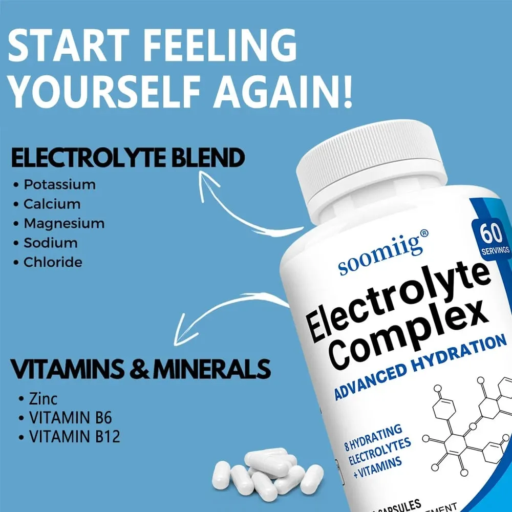 Electrolyte Salts Capsules with B6 B12 Magnesium Potassium & Zinc Fast Hydration Reduces Muscle Cramps Supports Recovery