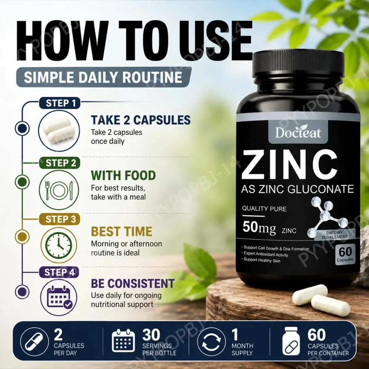 Docteat Zinc As Zinc Gluconate Capsules 50 Mg Zinc Per Serving Immune Support Antioxidant Activity Healthy Skin 60 Capsules