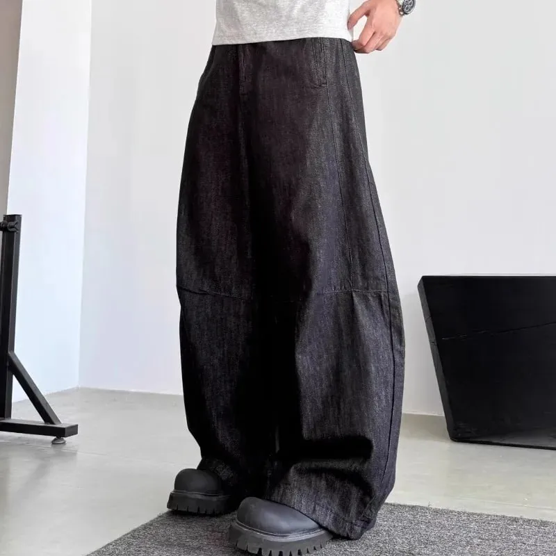 Unisex Curved Blade Baggy Jeans Street Black Raw Denim Oversized Wide Leg Banana Pants Vintage Minimalist Hip Hop Denim Trousers