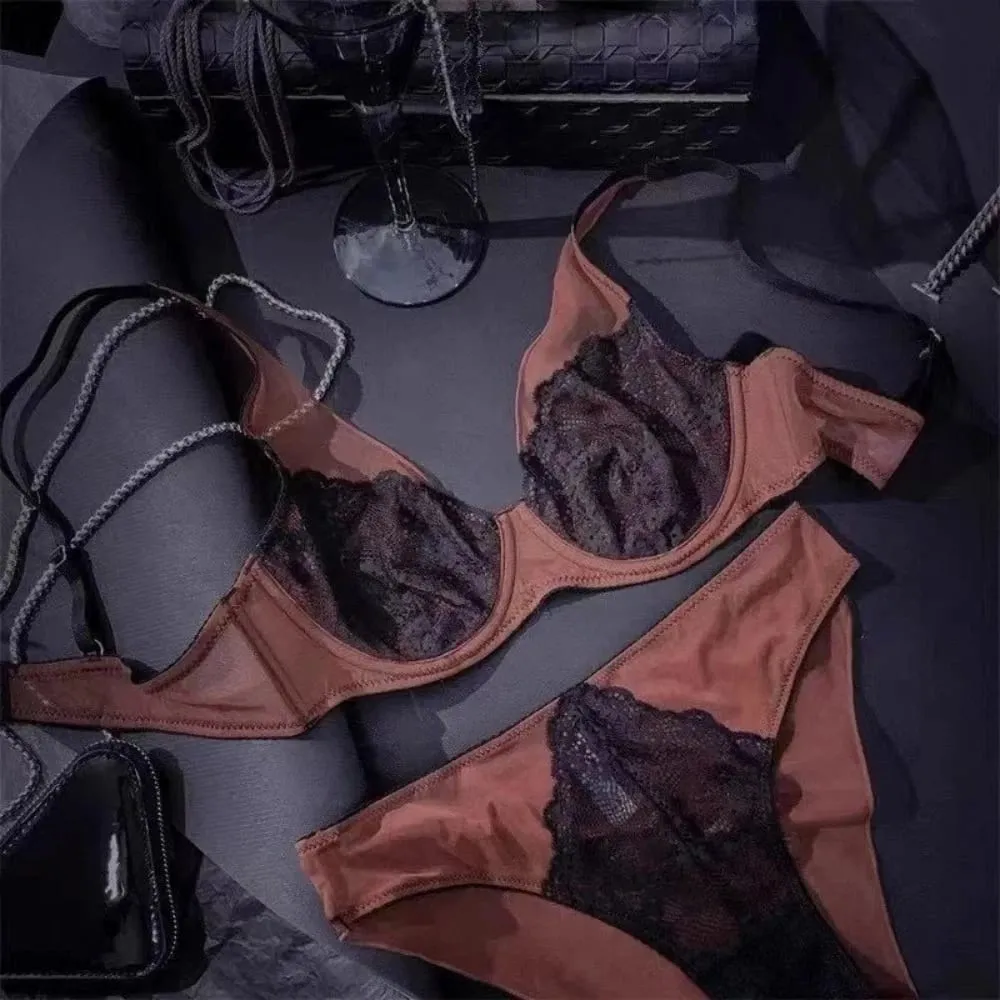 Sweet Mesh Lace Flower Bra Set Lingerie Brassiere Push Up Bra Women Seamless Underwear Lace Floral Underpants Home