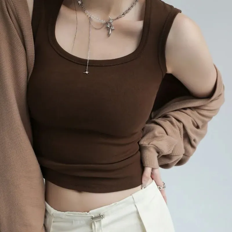 Women's Solid Color Wide Strap U-Neck Sleeveless Tank Top Summer Slim Fit Casual Basic Inner Wear Streetwear Vest