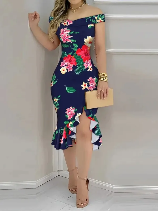Womens Off Shoulder Floral Print Bodycon Midi Dress Ruffle Hem Slit Party Cocktail Dress — image 2