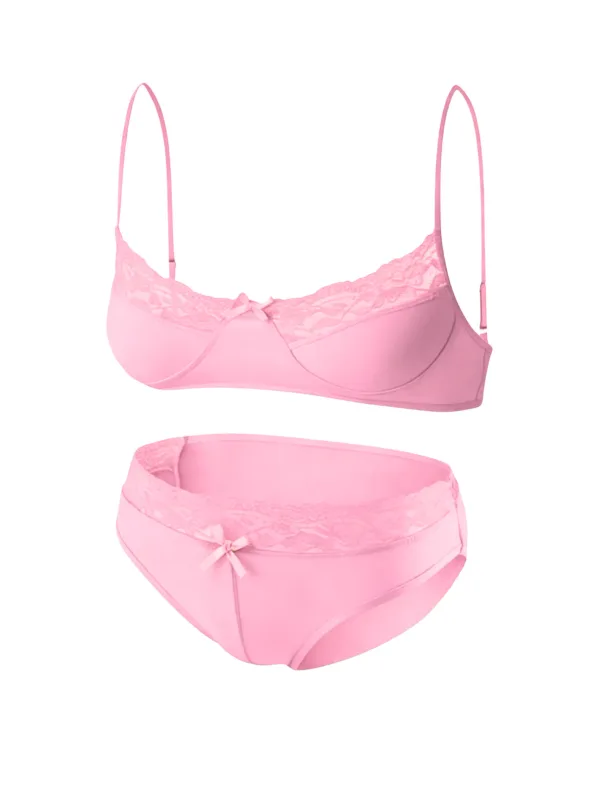 1 Set of 2 Pieces Underwear Set: Men's Erotic Cross-Dressing Bowknot Lace Underwear Set, Lace Panties & Bra Combination Set