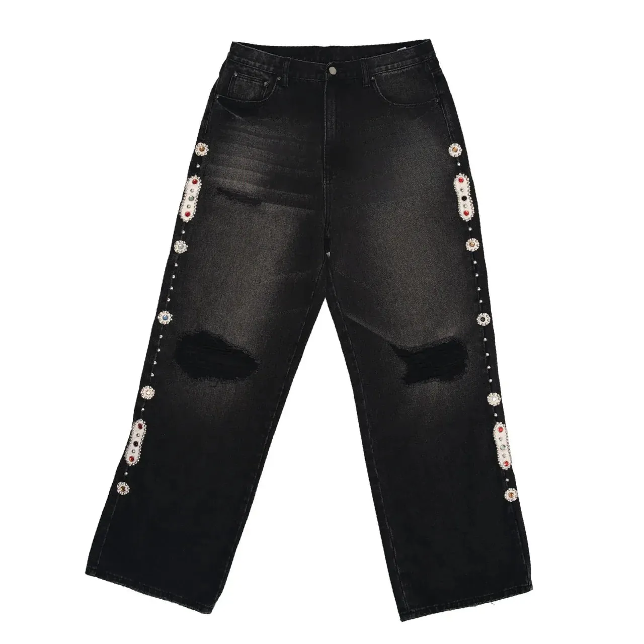 Gothic Diamond Punk Hip Hop Men's Slim Jeans Damaged Destroyed Hole Baggy Denim Long Trouser Pants Y2k Streetwear Ripped Jeans