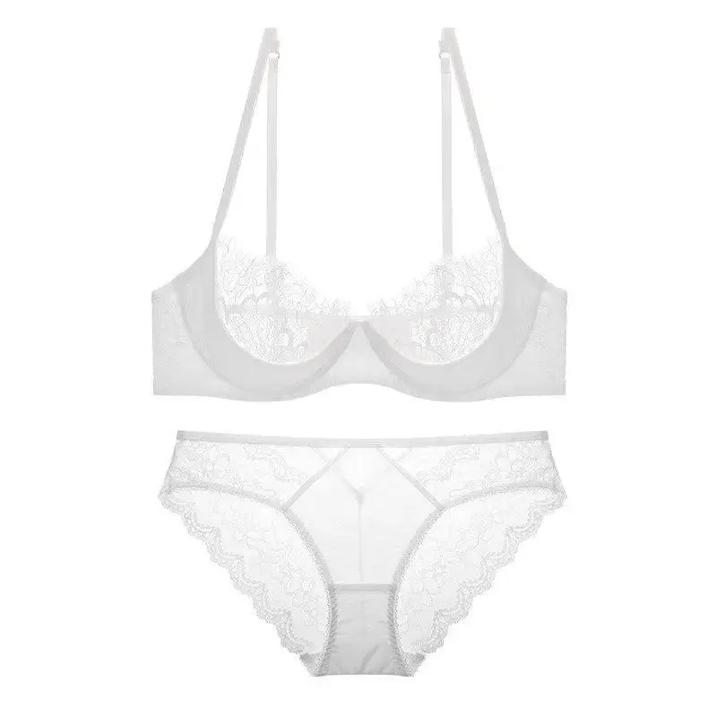 Plus Size Half Cup Sheer Lace Bra Set Ultra Thin Minimizer Underwire Lift Support Breathable Large Cup Matching Underwear Set — image 10