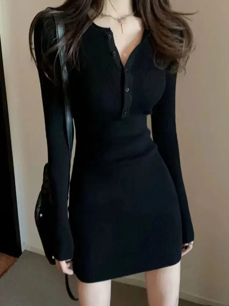 Mini Robe pour femme, col en V, boutons, pull Sexy, élégant, moulante, manches longues, jupe courte, taille unie, automne hiver