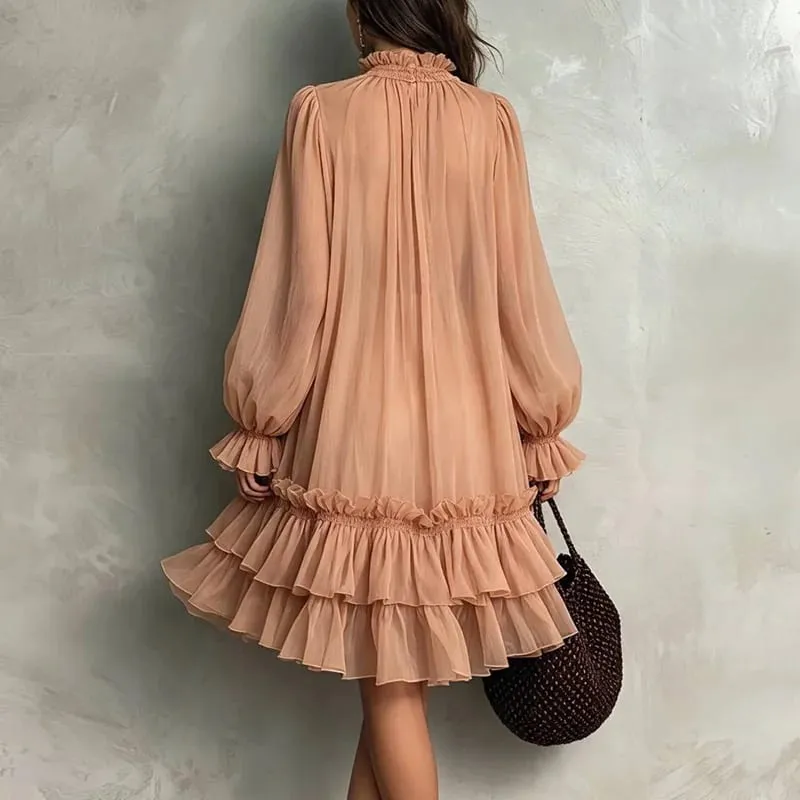 Boho Loose Swing Dress Ladies Ruffle O Neck Lantern Sleeve Multi‑Tiered Ruffle Hem Mini Dress Casual Beach Holiday Short Dresses