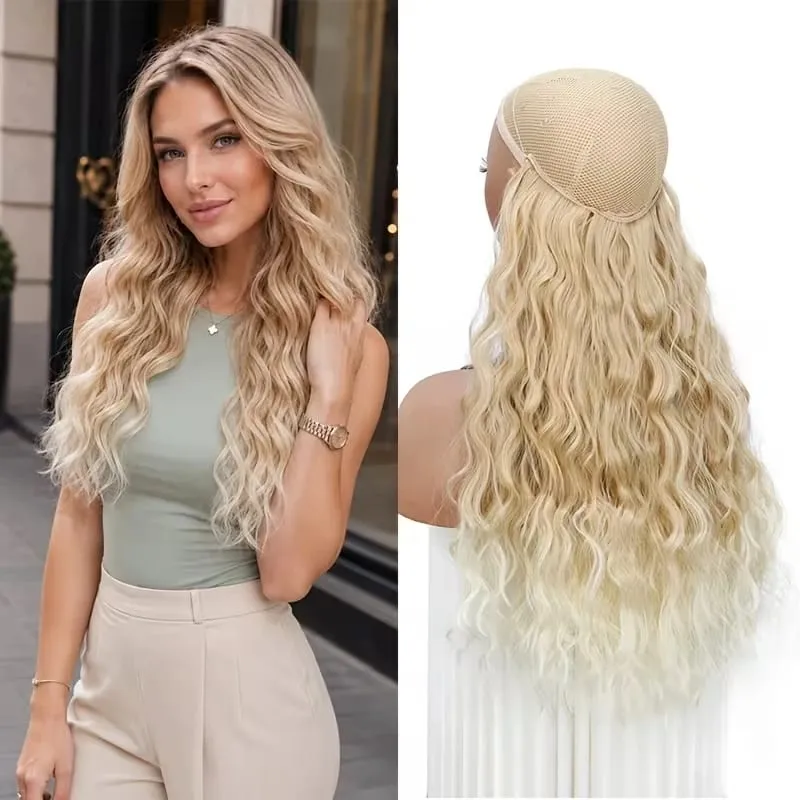 18Inch Synthetic Invisible Fish Line Hair Extensions Long Curly Wavy High Temperature Fiber Hairpiece for Women Daily Party